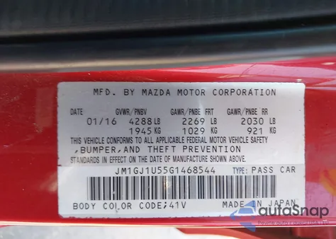 2016 Mazda Mazda6 I Sport from USA, damaged, VIN JM1GJ1U55G1468544